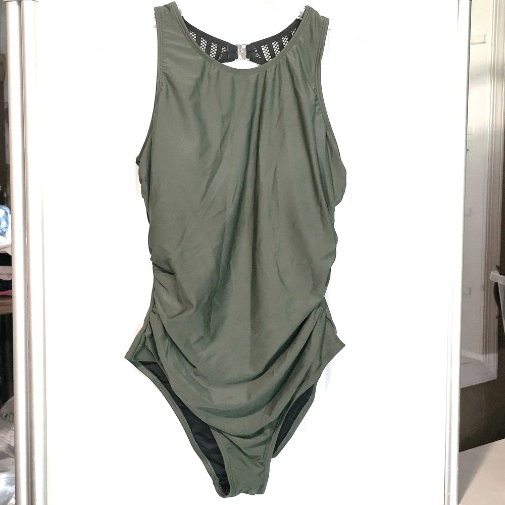Cupshe Women Olive Green and Mesh Black Backless One-piece Swimsuit
